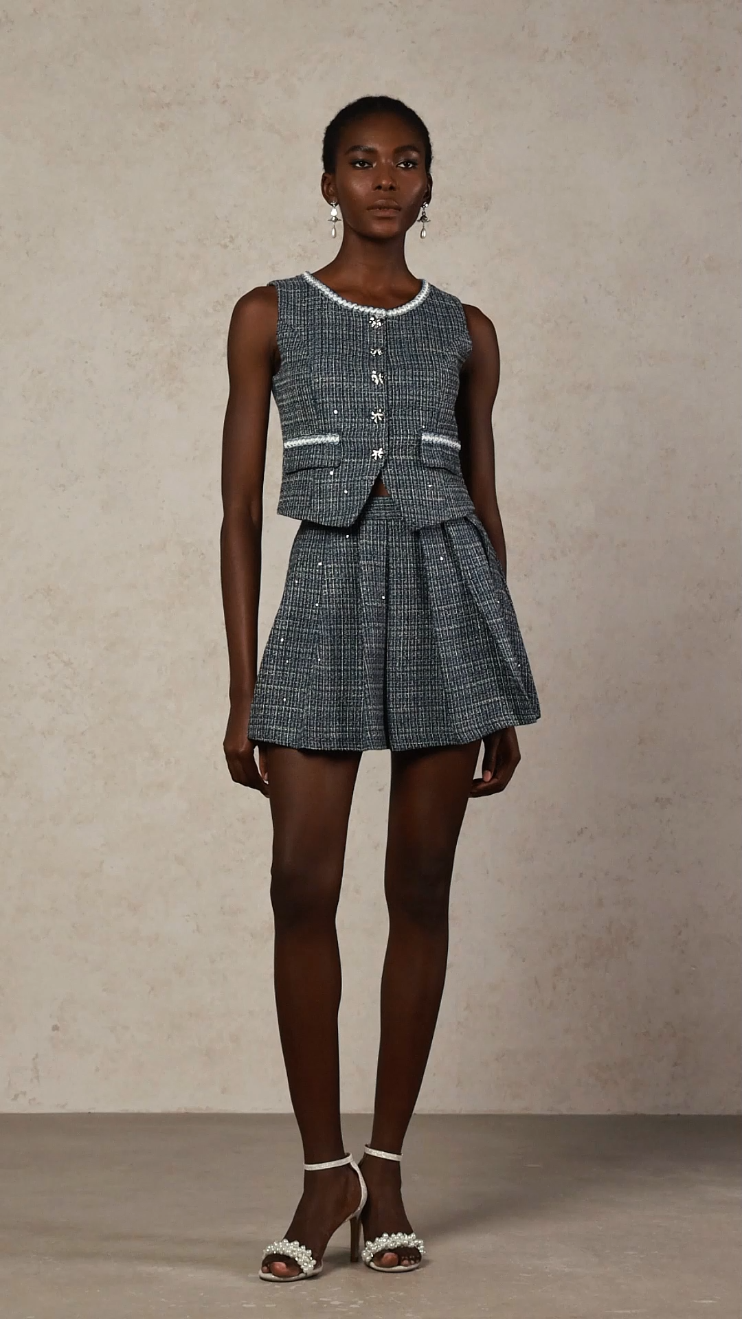 Xapana Sleeveless Bowknot Button Top And Skirt Two-Piece Set