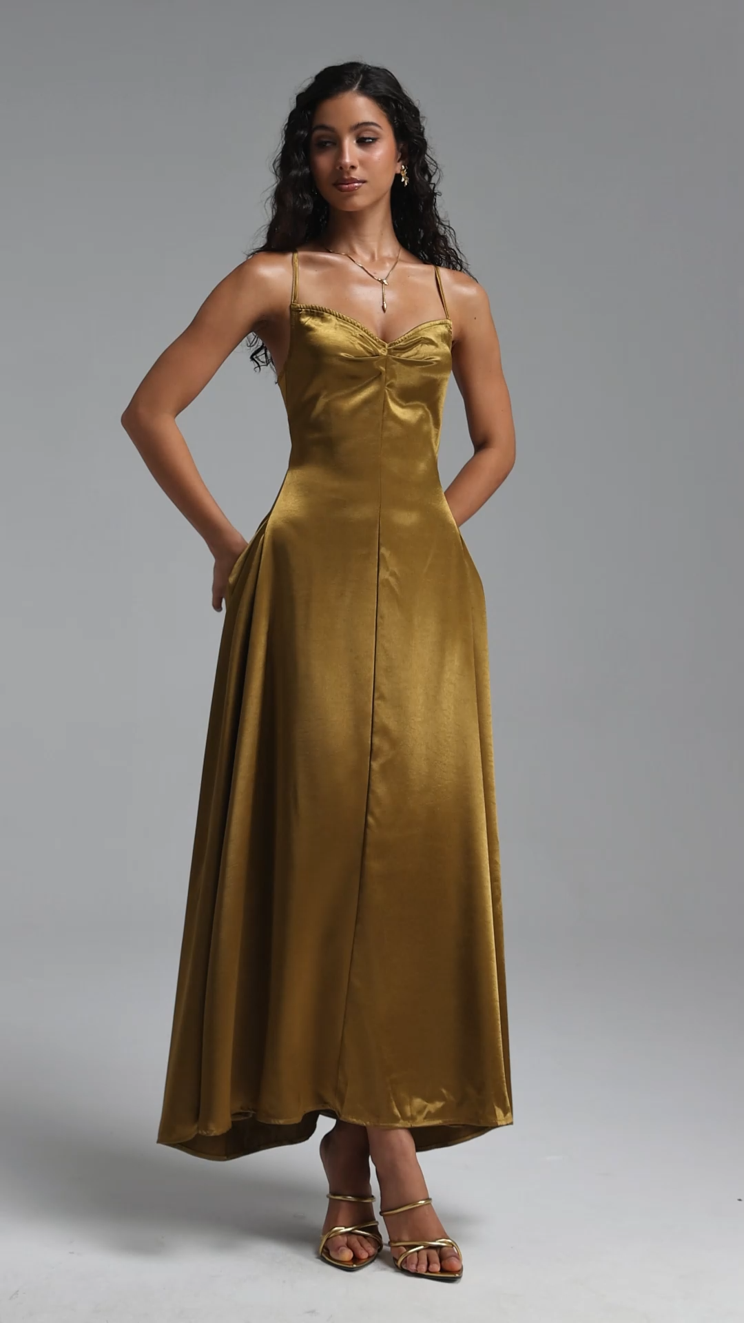Kelza Classic Tailored Spaghetti Strap Shimmer Satin Maxi Dress