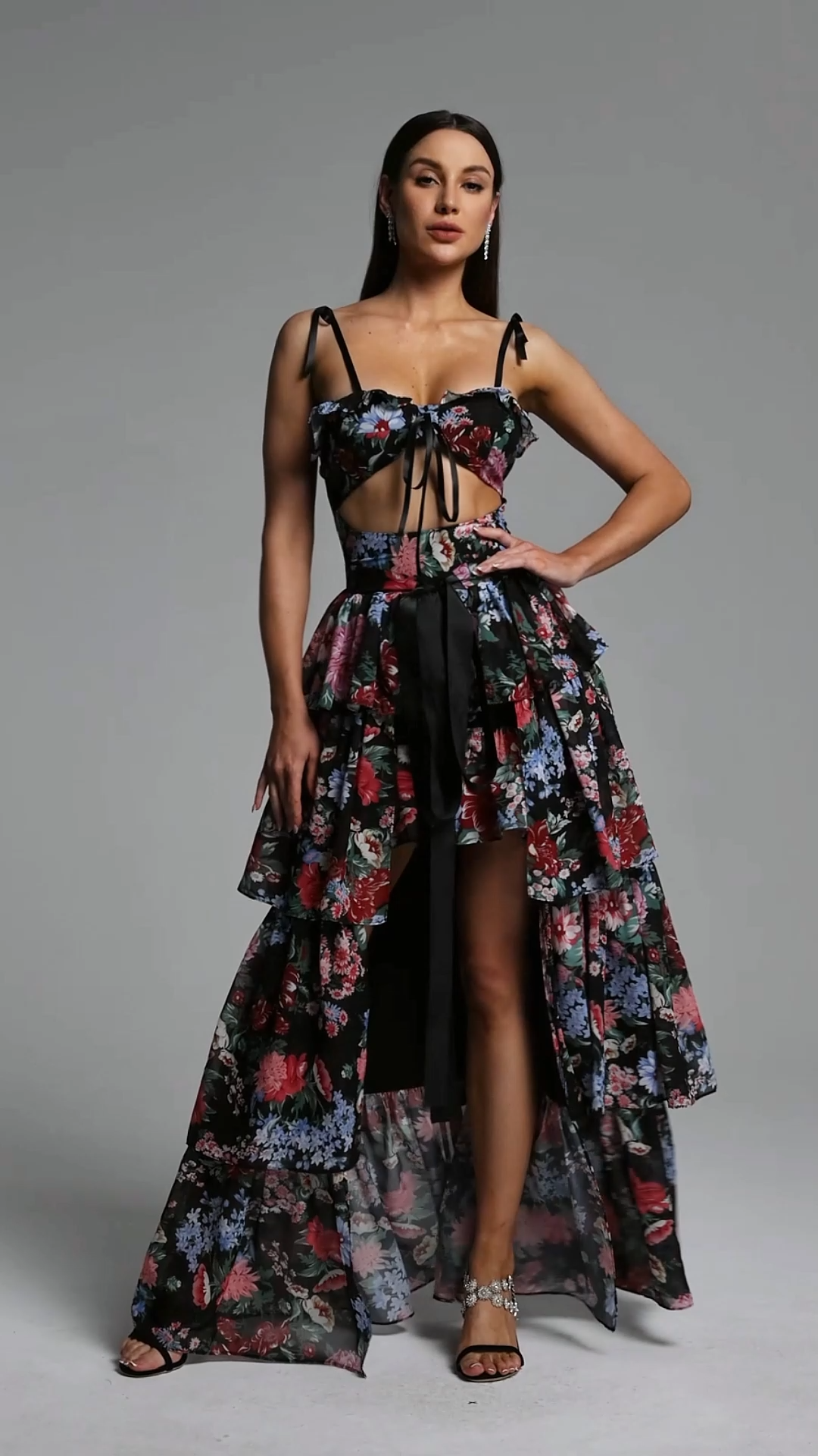 Pale Chic Flowy Halter Cut Out Floral Print Ruffle Maxi Dress