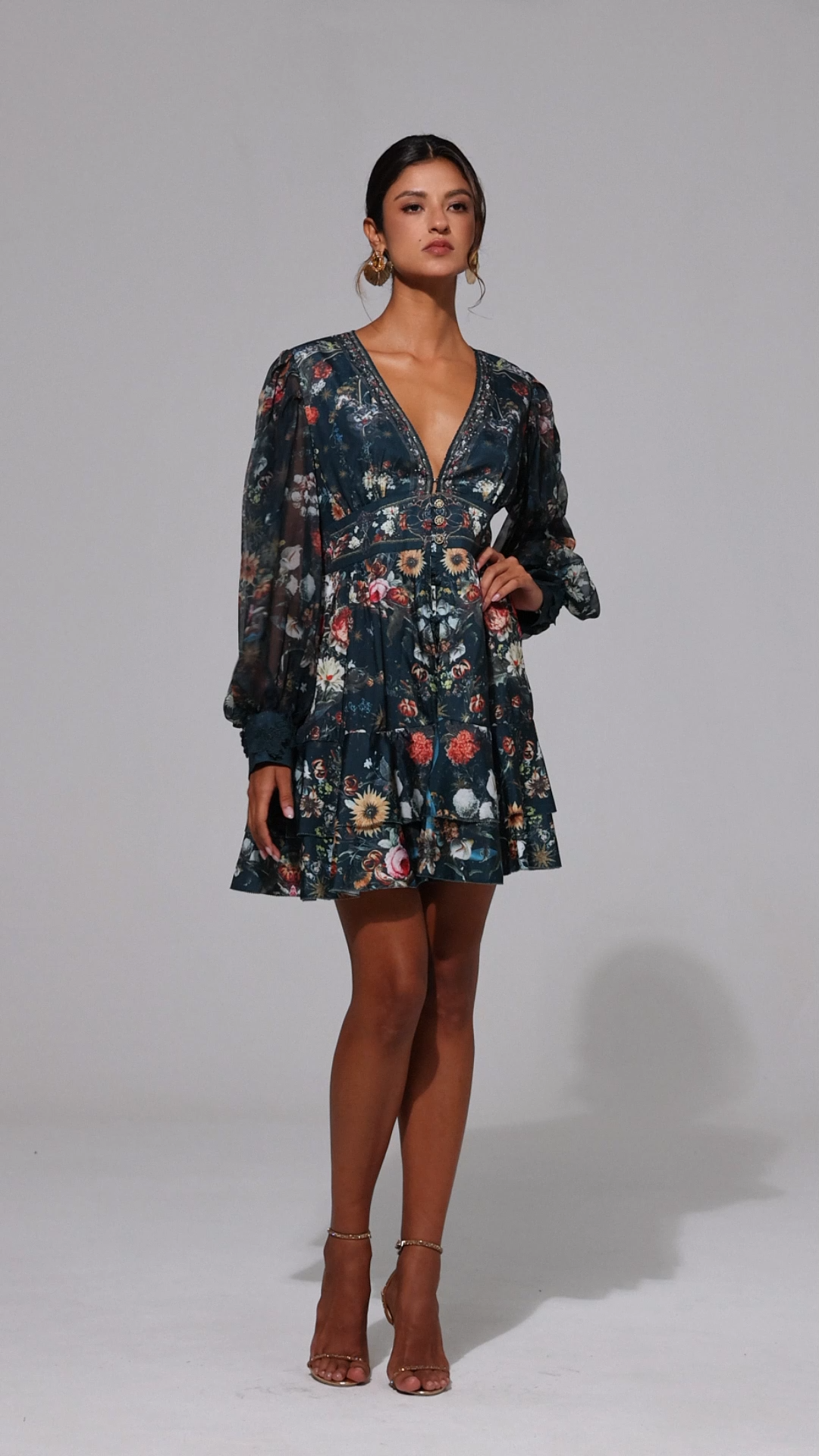 Lina V-Neck Floral Printed Long Sleeves Mini Dress