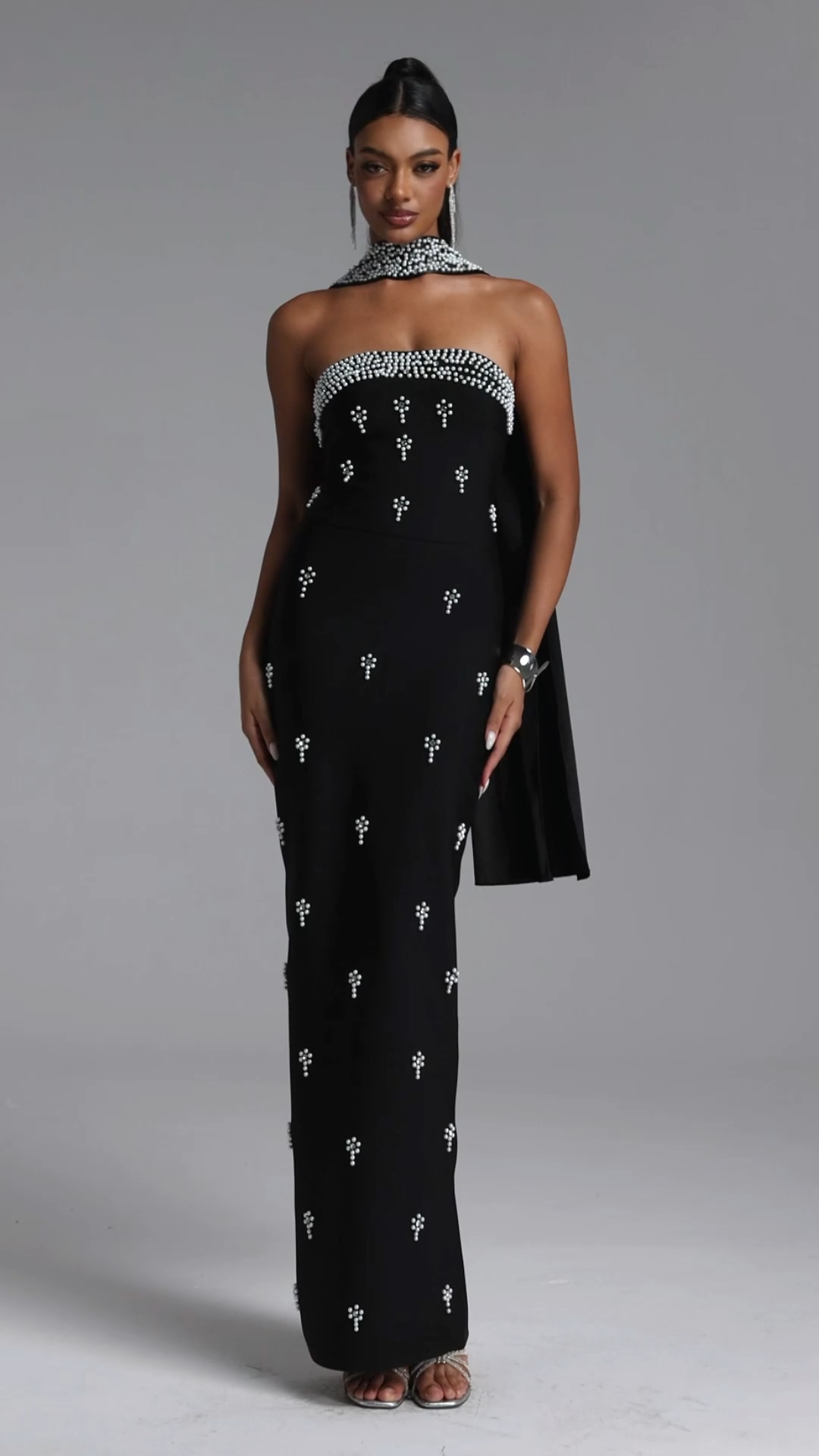 Marina Glamorous Contour Strapless Rhinestone Bandage Maxi Dress