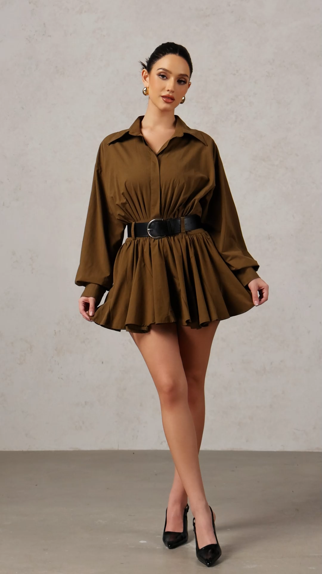 Romita Lapel Long Sleeves Folds Mini Dress