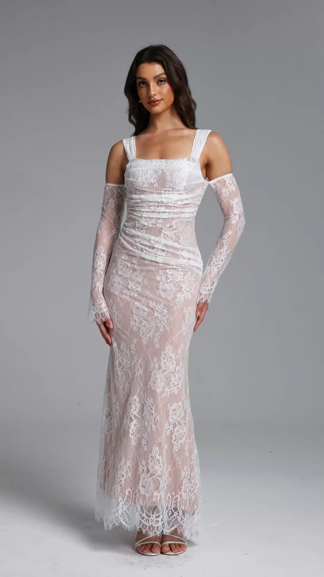 Tegan Romantic Flowy Ruched Lace Maxi Dress