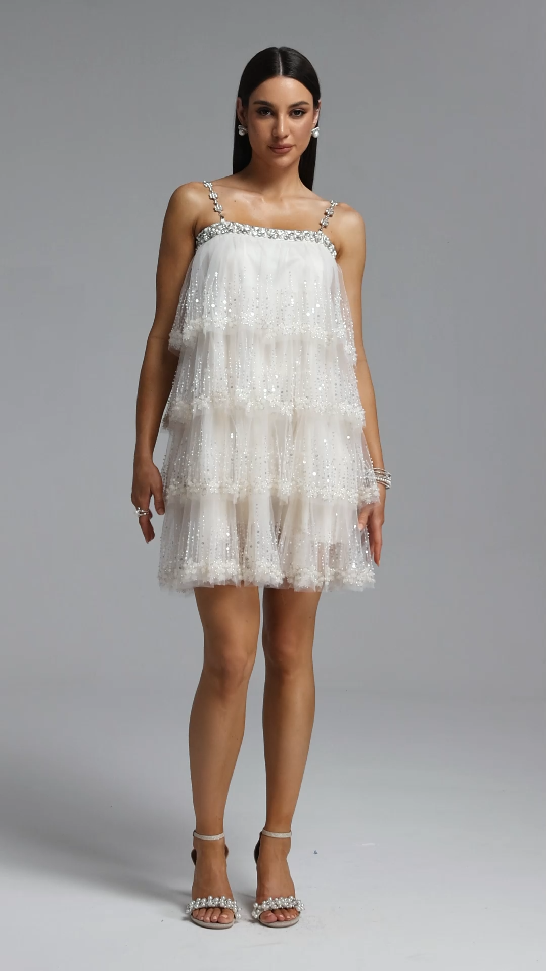 Umeko Elegant Flowy Tiered Ruffle Sequin Mini Dress