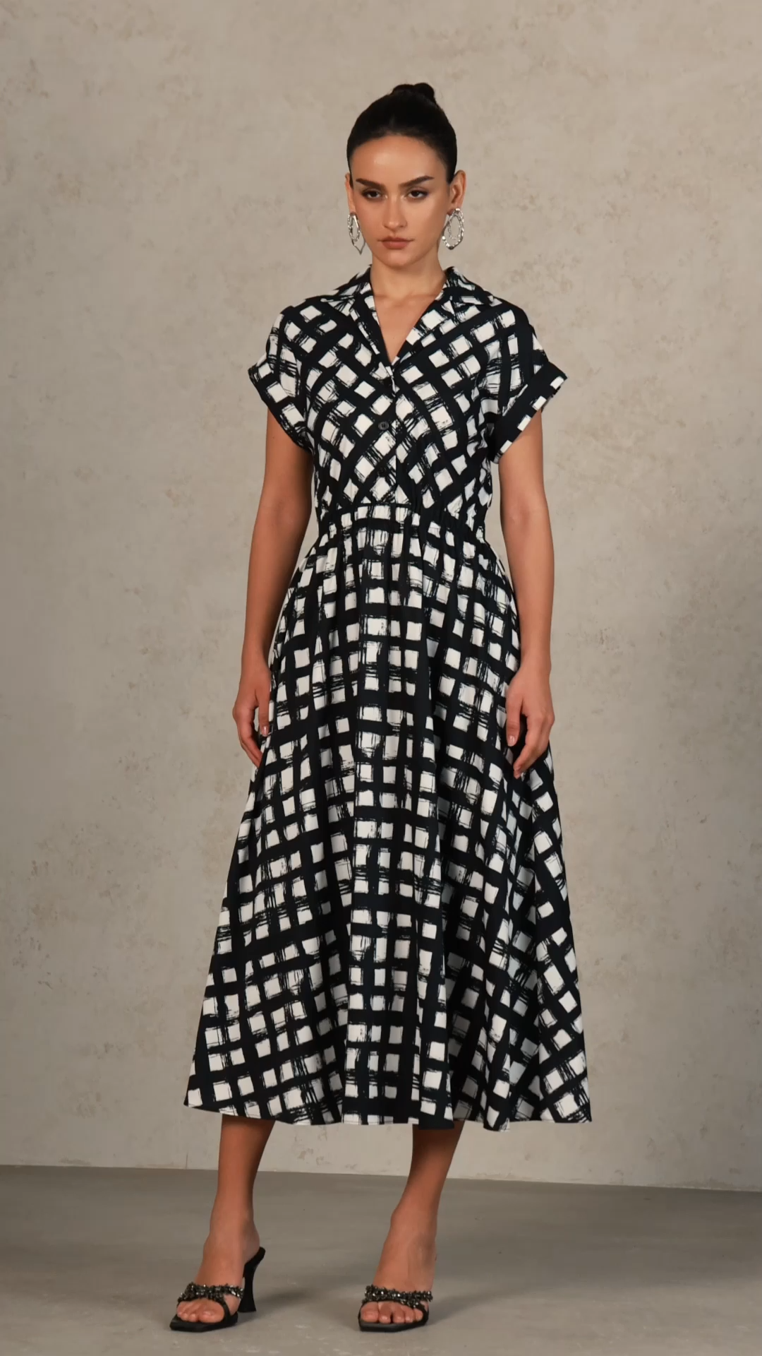 Ivory Lapel Printed Short Sleeve Shirt Midi Dress