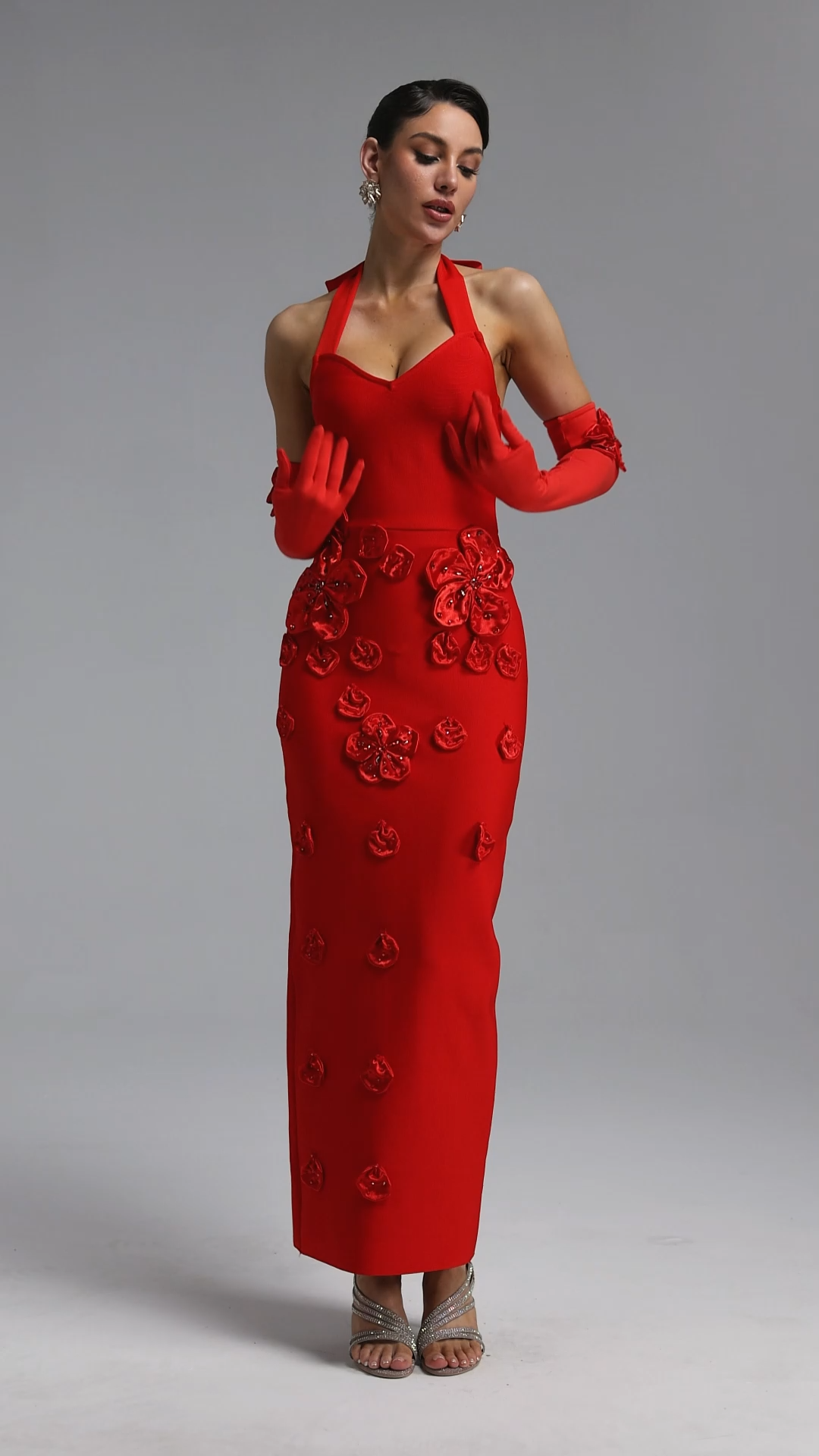 Classic V-Neck Halter Floral Rhinestone Bandage Maxi Dress