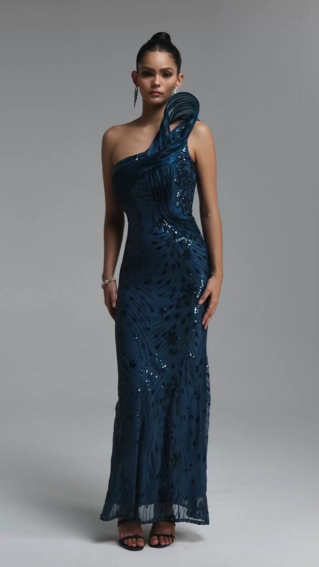 Locava Glamorous One Shoulder Twisted Draped Floral Sequin Maxi Dress