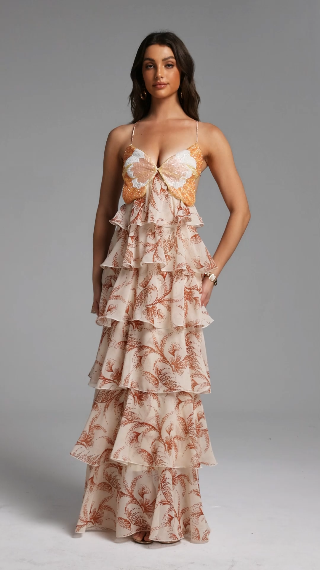 Valerie Romantic Flowy Halter Ruffle Sequin Print Maxi Dress