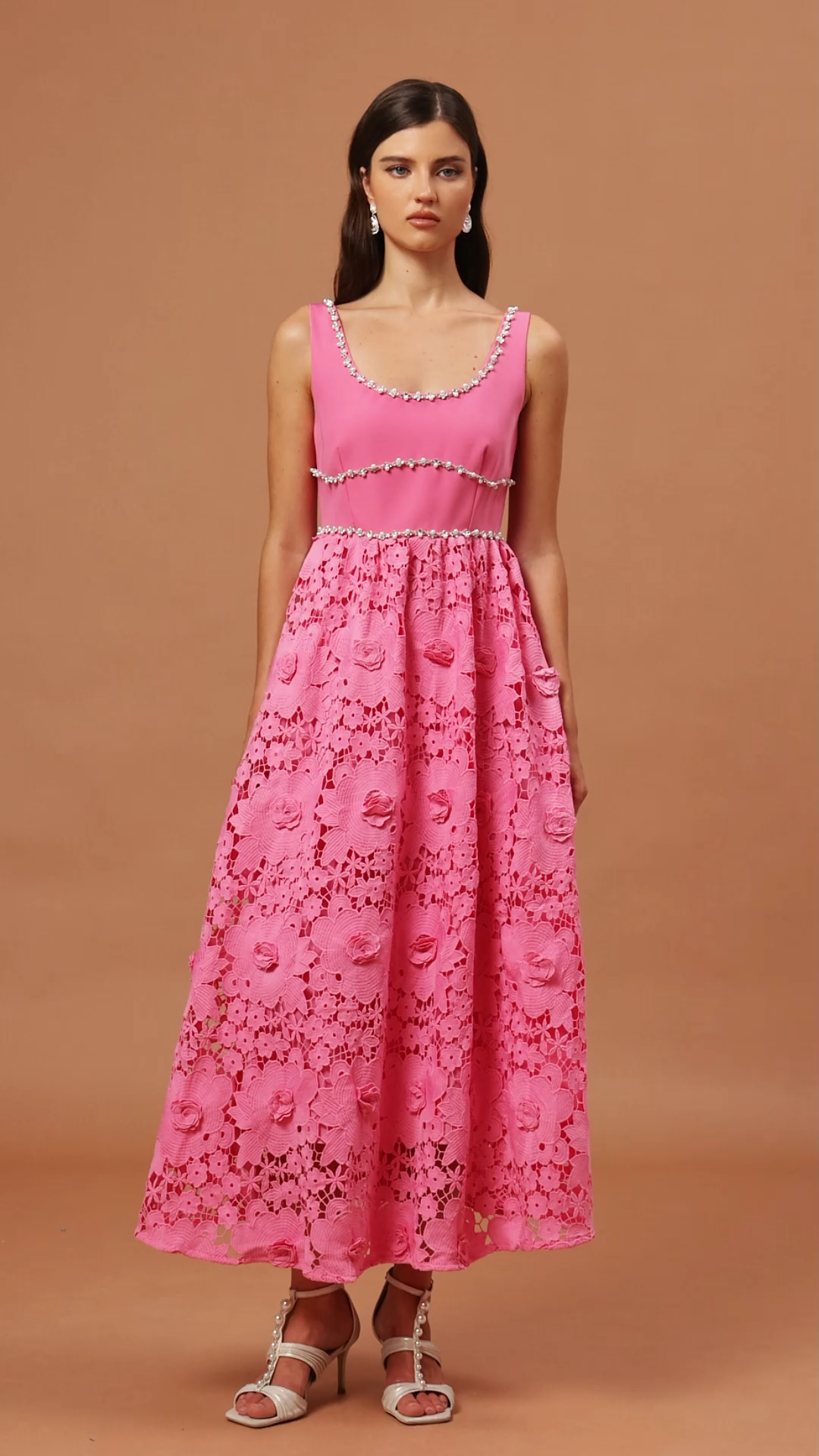 Jiusi Square Collar Halter Diamond Lace Maxi Dress