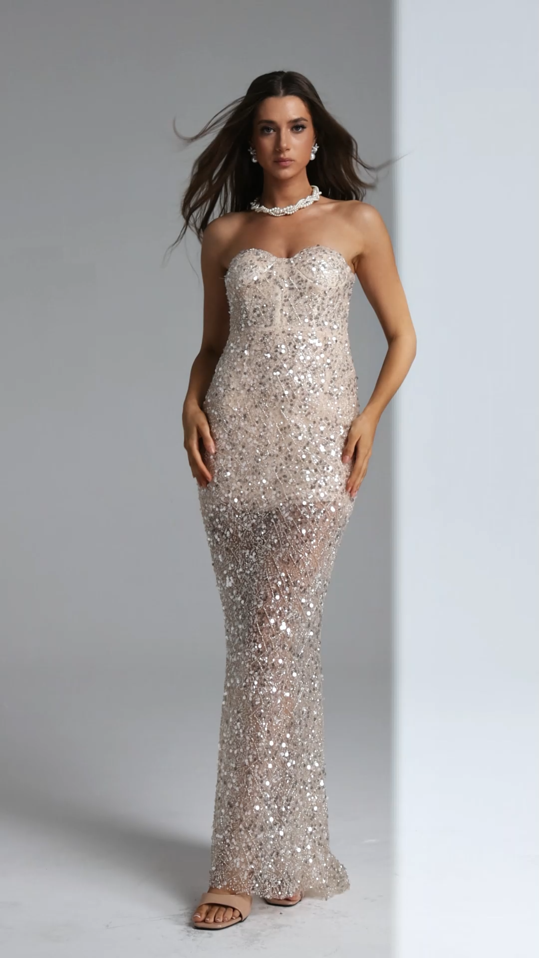 Vla Elegant Contour Strapless Sequin Maxi Dress