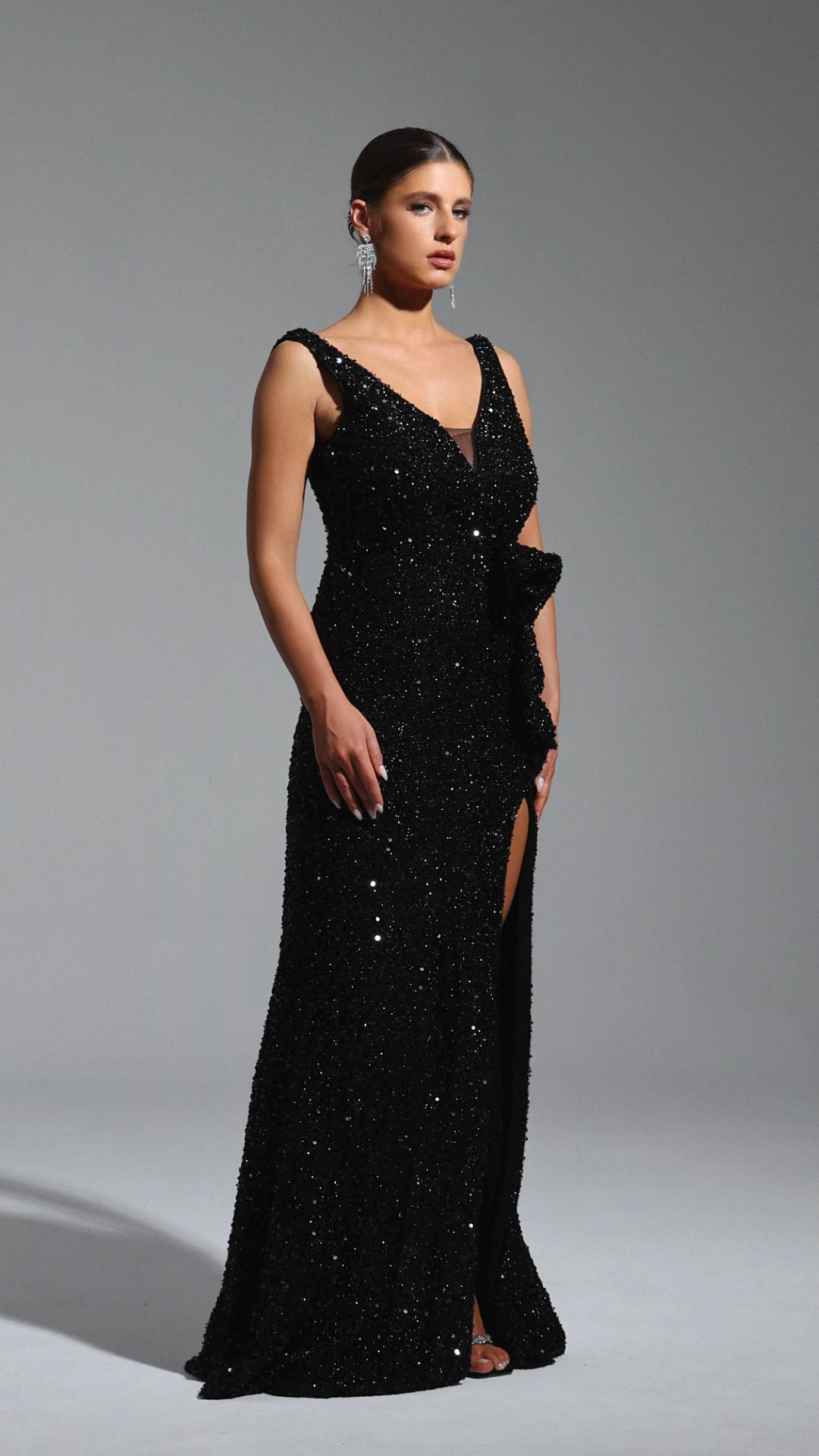 Edie Sleeveless V-Neck Sequin Flowers Maxi Dress