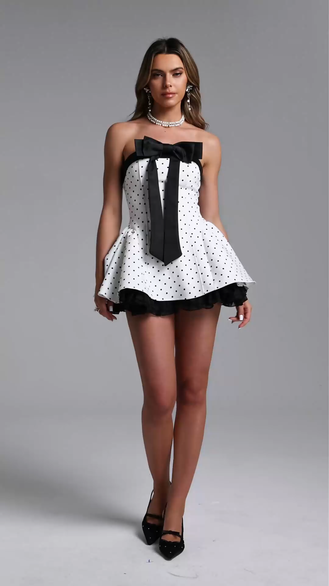Diana Classic Contour Strapless Bow Polka Dot Woven Mini Dress