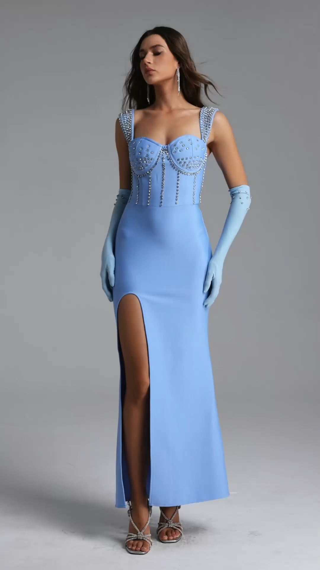 Nellie Glamorous Contour Rhinestone High Slit Bandage Maxi Dress