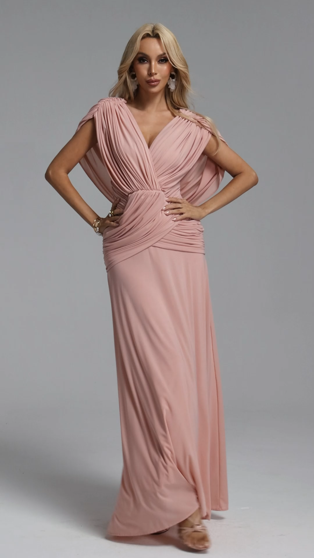 Mellies Elegant Flowy V Neck Ruched Mesh Maxi Dress