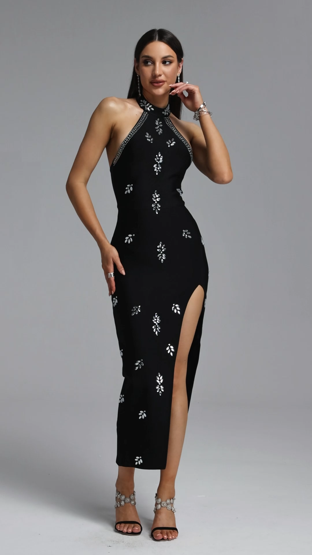 Grasa Elegant Contour High Neck Halter Rhinestone High Slit Bandage Maxi Dress