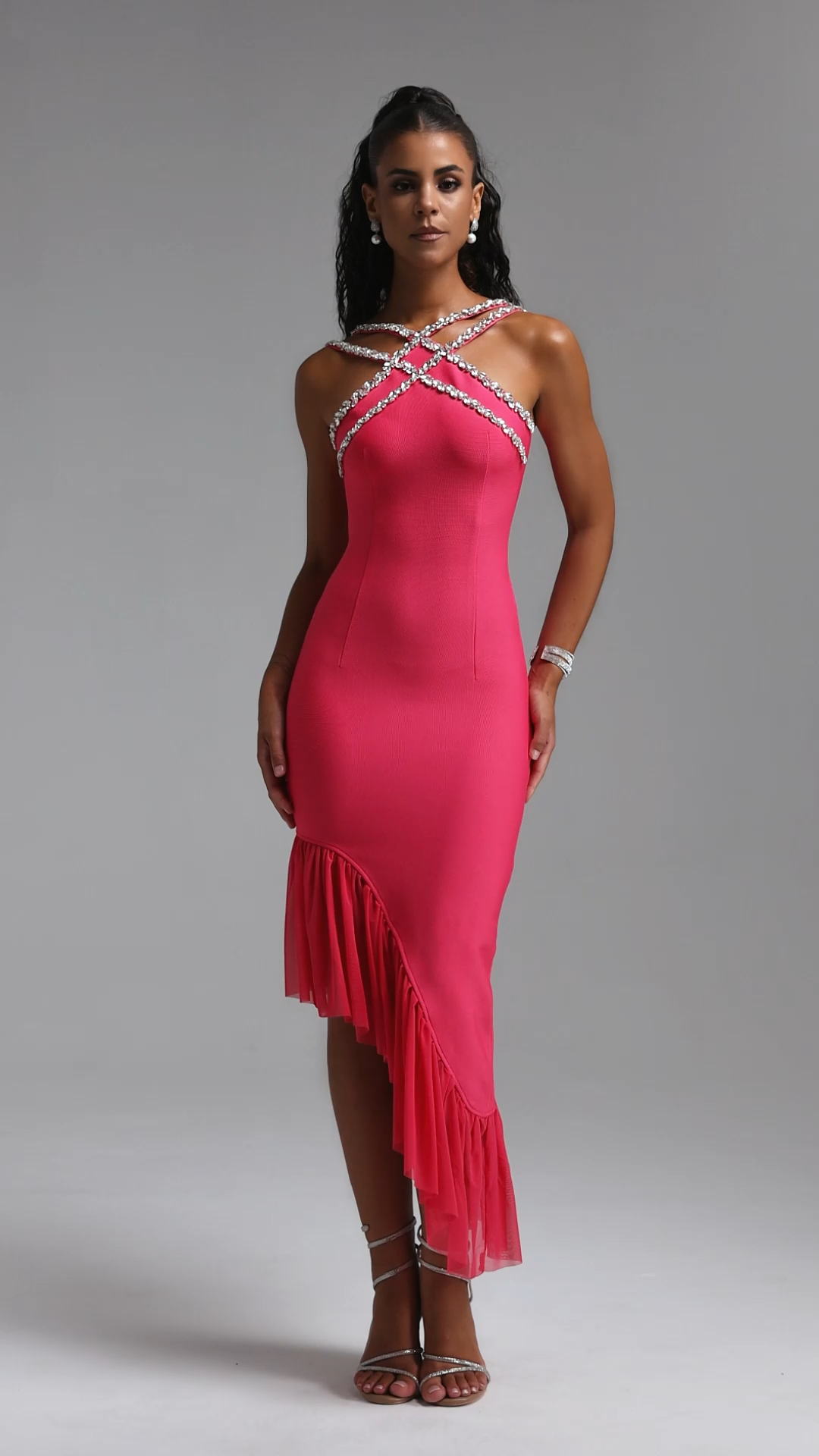 Nialla Sleeveless Diamond Flounce Bandage Rose Pink Maxi Dress