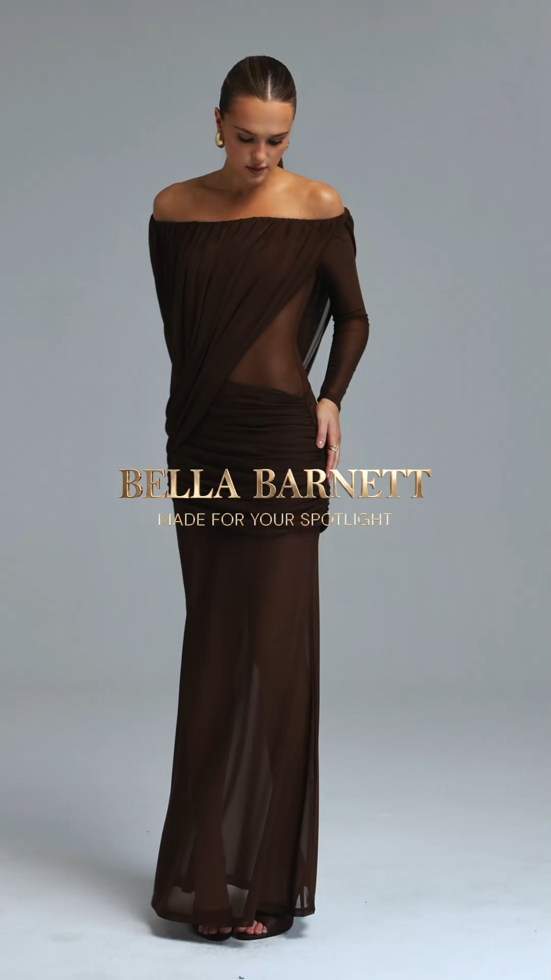 Uano Elegant Luxurious Off Shoulder Long Sleeve Ruched Knit Brown Maxi Dress