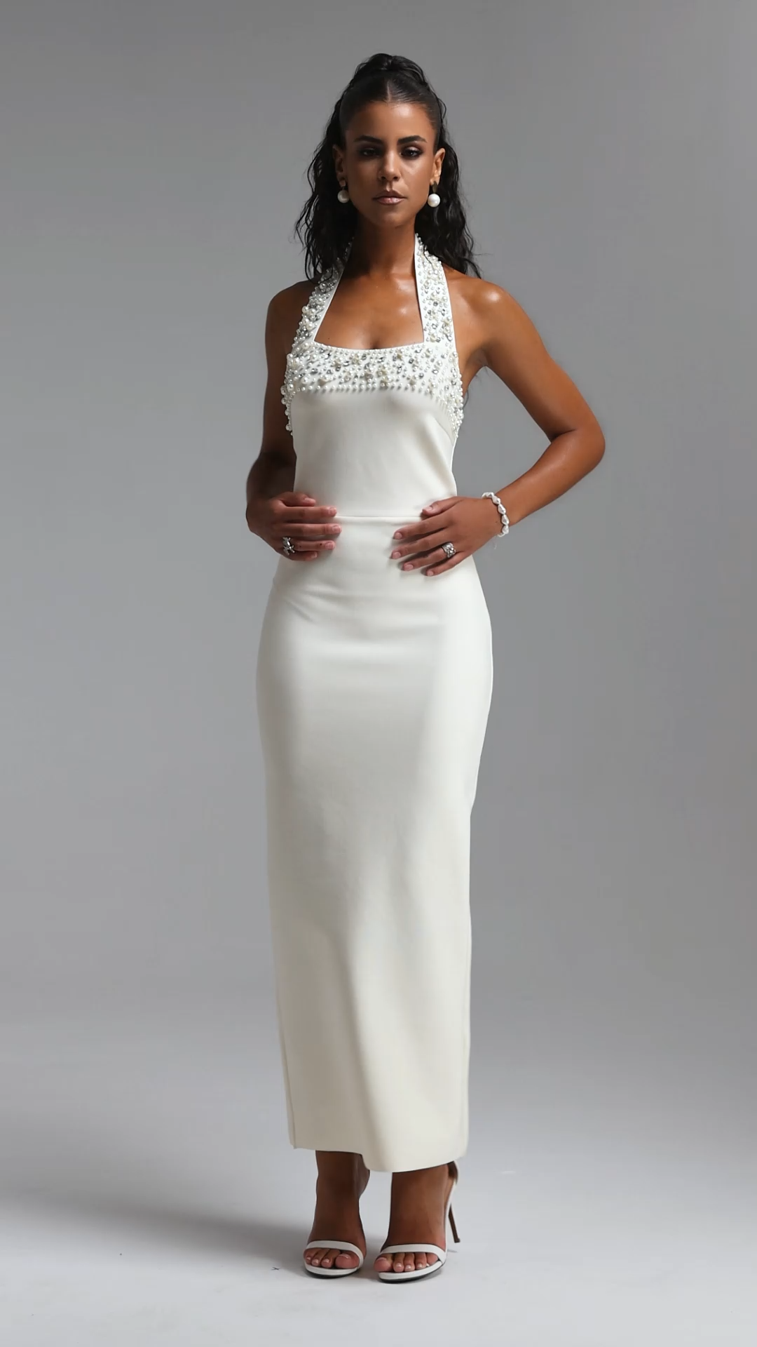 Waza Elegant Halter Square Neck Pearl Rhinestone Bandage Maxi Dress