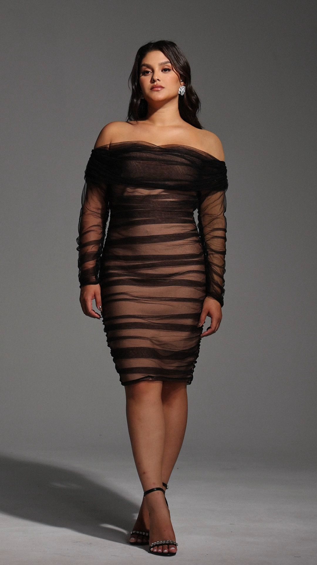 Rowena Ruched Mesh Bandage Midi Dress - Black