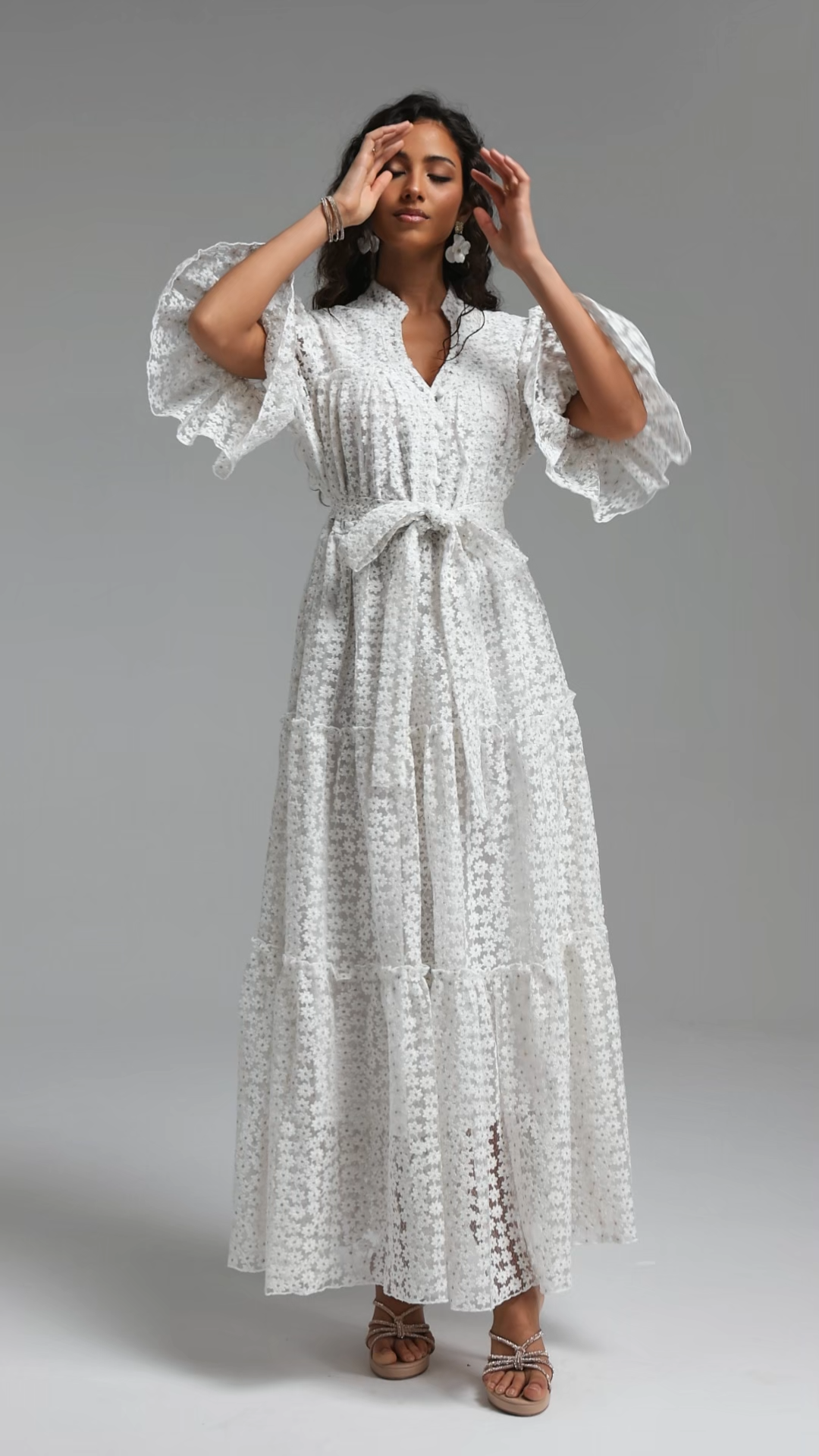 Lzada Resort Flowy V Neck Puff Sleeve Floral Woven Maxi Dress