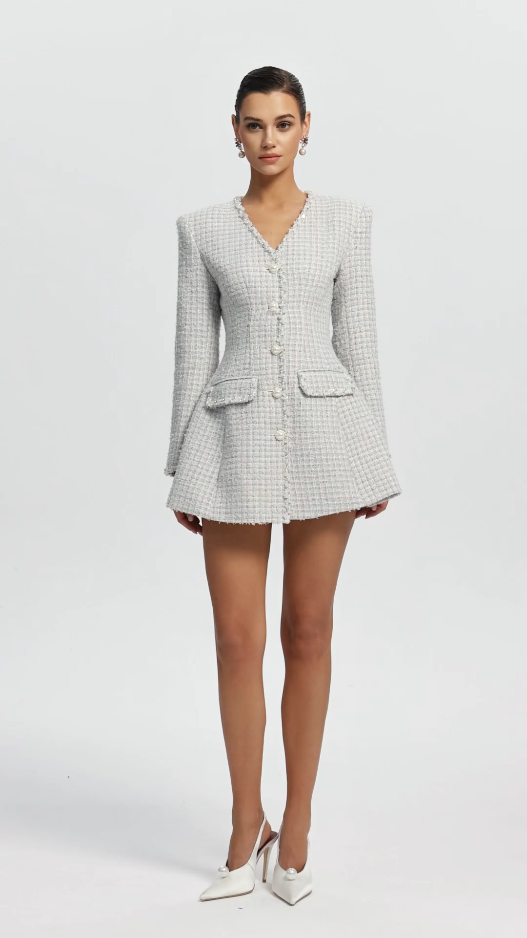 Gearoid Elegant Cinched Waist V Neck Long Sleeve Tweed Mini Dress