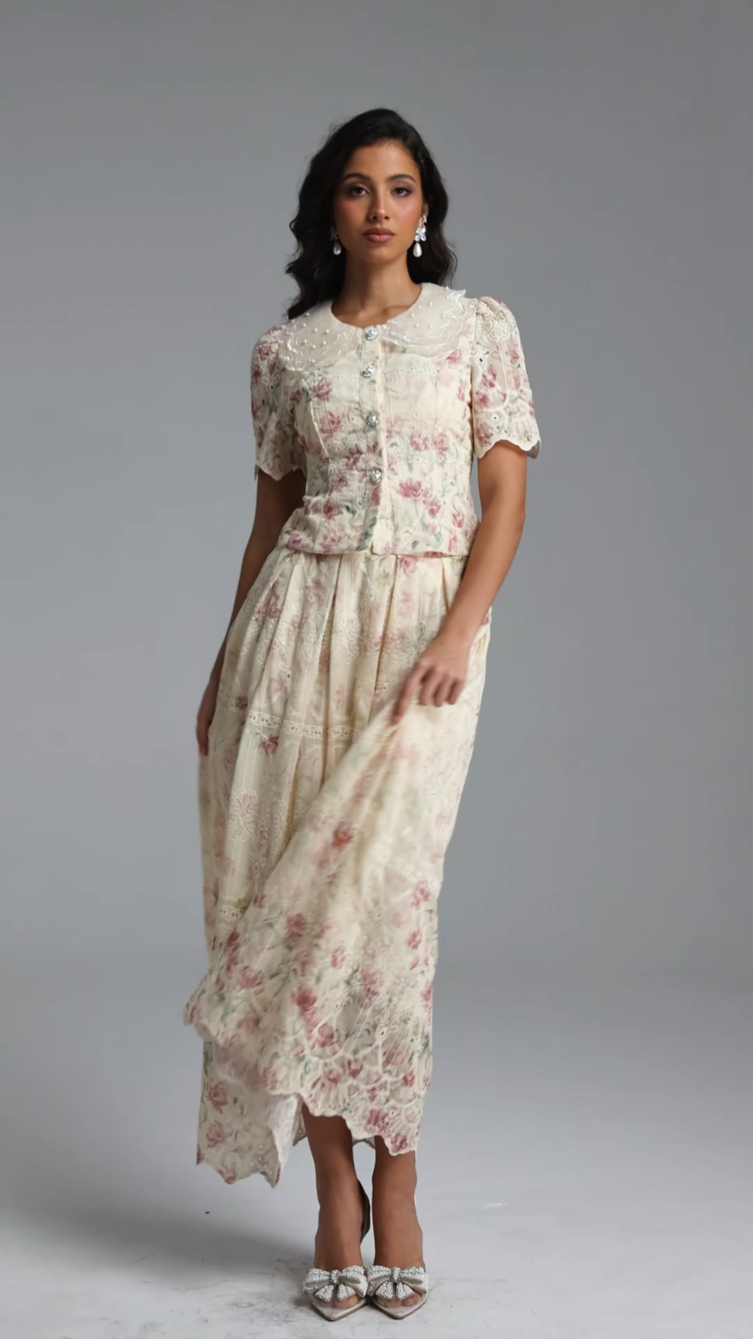 Ignacia Romantic Flowy Short Sleeve Floral Print Embroidered Woven Top and Skirt Two Piece Set