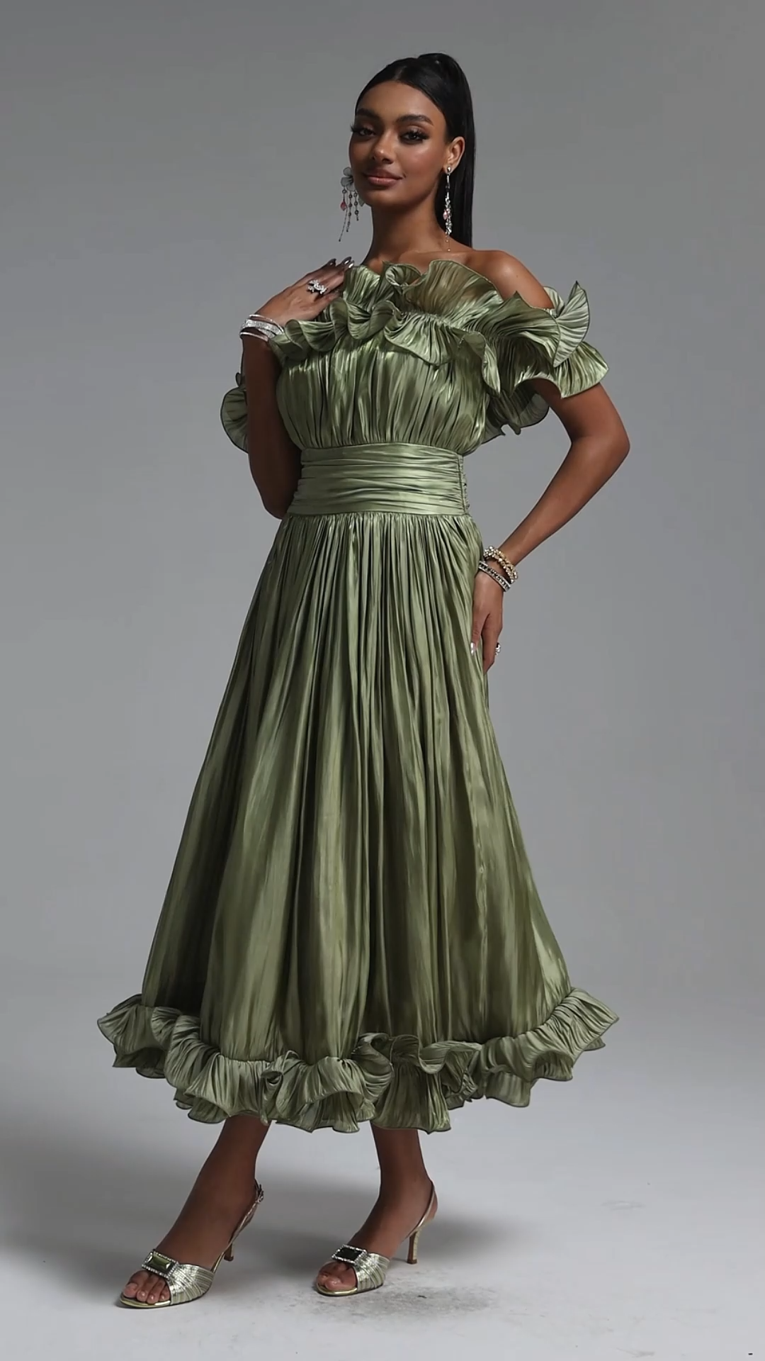 Suku Elegant Flowy Off Shoulder Ruched White Maxi Dress