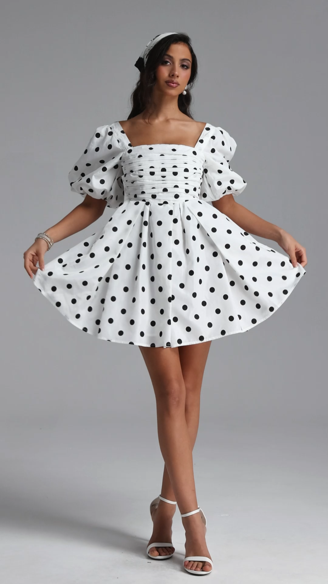 Kaitlyn Classic Tailored Puff Sleeve Polka Dot Ruched Woven Mini Dress
