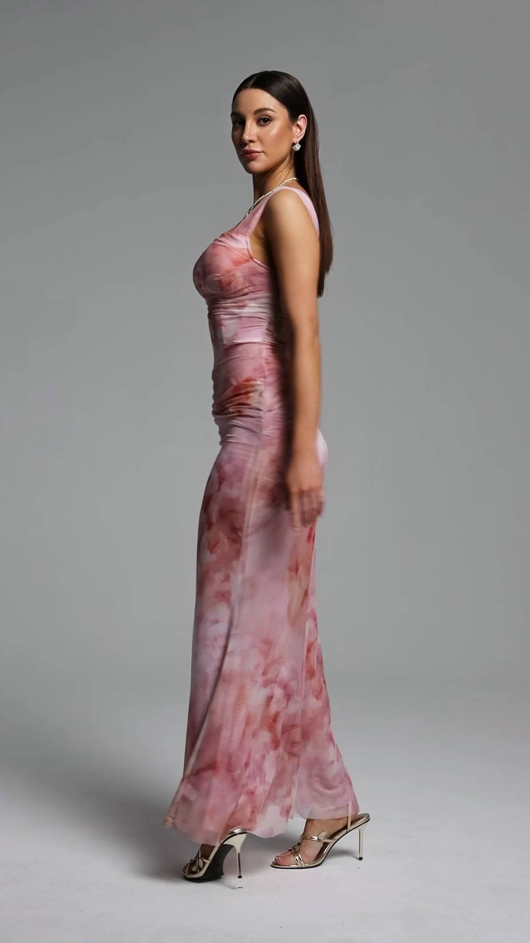 Pinky Romantic Contour Off Shoulder Ruched Print Maxi Dress