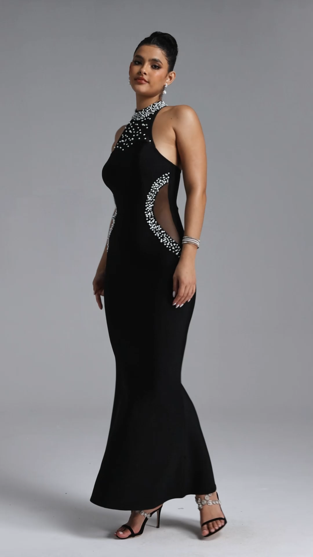 Samala Classic Contour Halter Pearl Bandage Maxi Dress