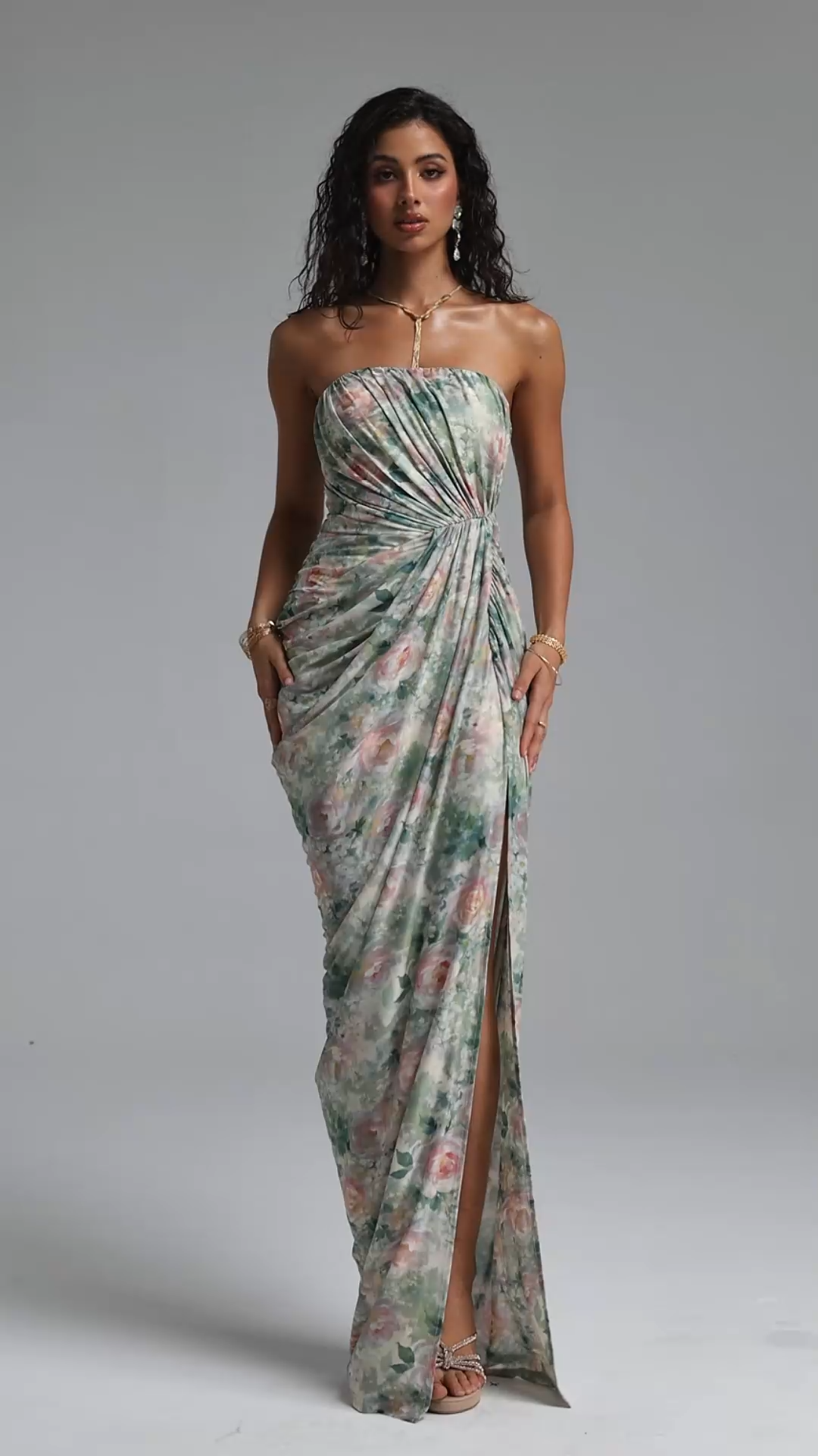 Vinly Romantic Contour Strapless High Slit Ruched Floral Print Mesh Maxi Dress
