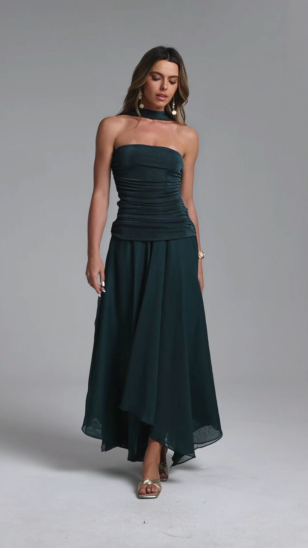 Eliana Elegant Contour Strapless Scarf Ruched Knit Maxi Dress