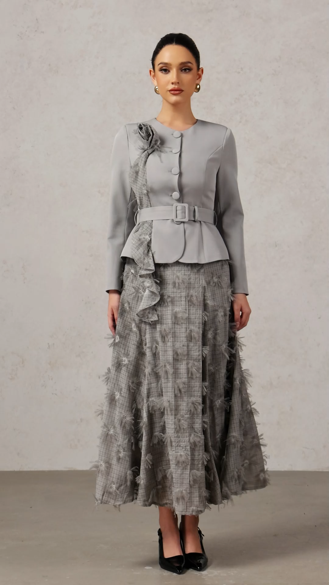 Makala Round Neck Long Sleeves Flower Top And Skirt Two-Piece Set