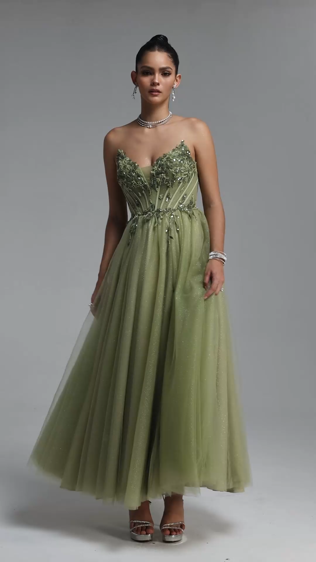 Naida Elegant Strapless Corset Floral Glitter Tulle Green Maxi Dress