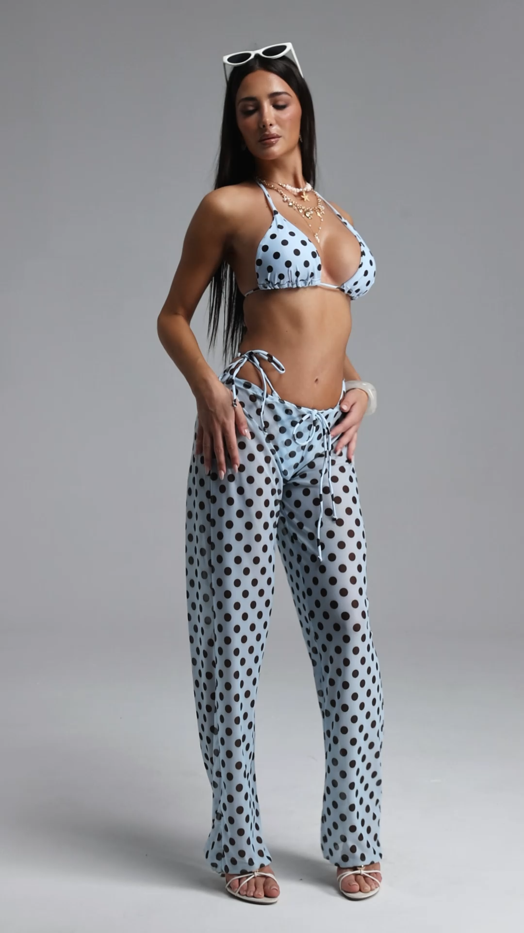Lilani Chic Sleeveless Polka Dot Swimsuit And Pants Three Piece Set