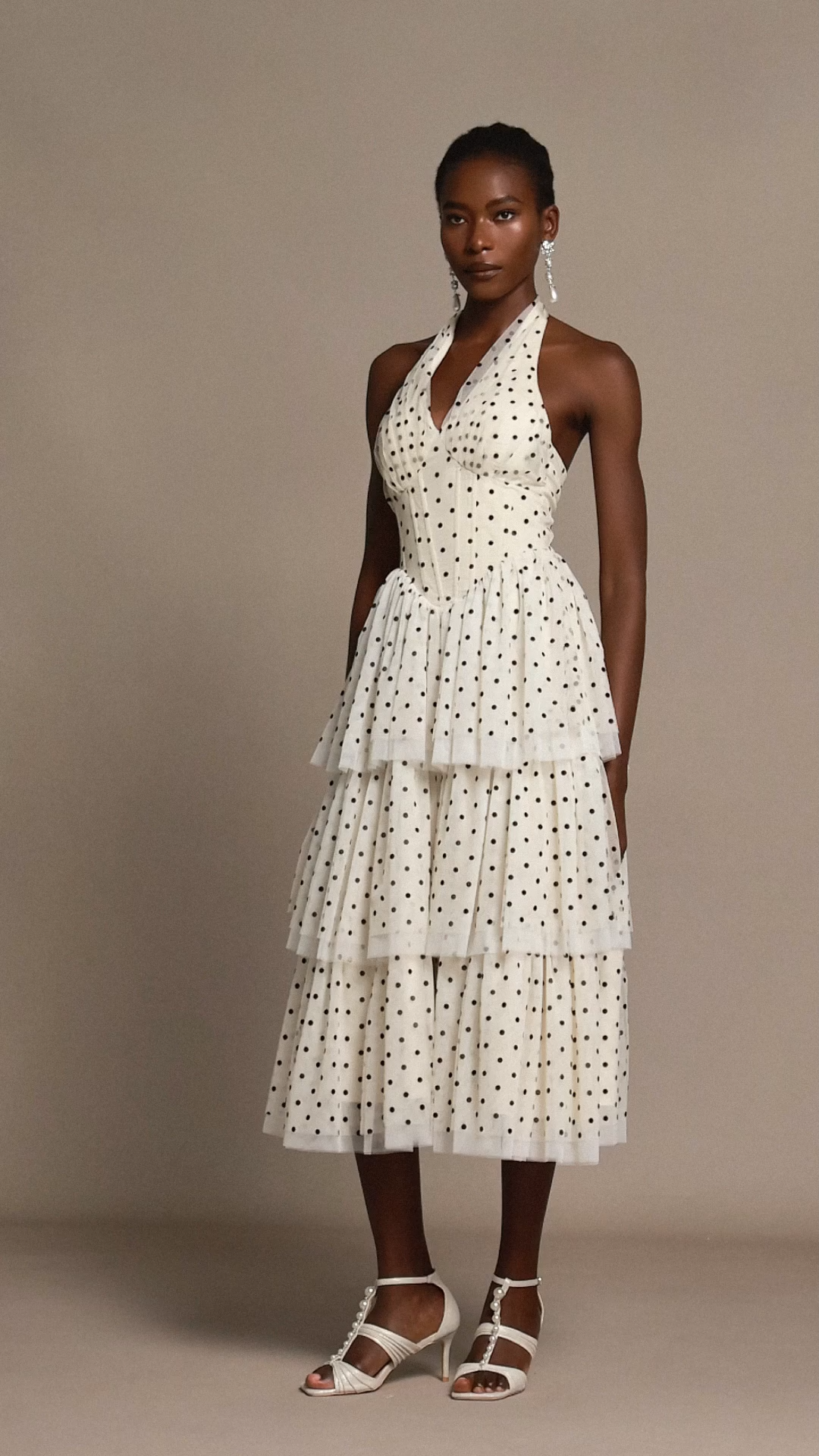 Julieta Sleeveless Dot Printed Layered Folds Midi Dress
