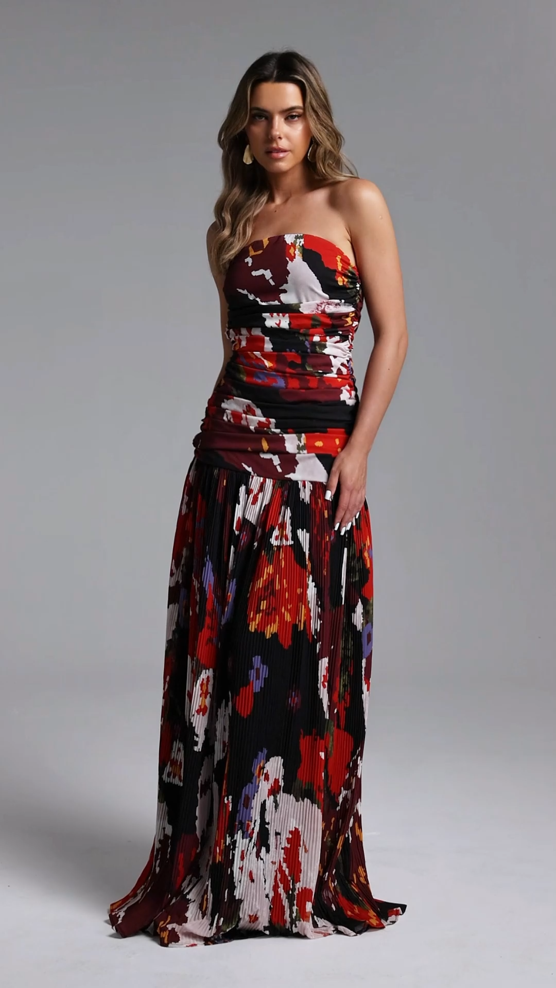 Rafaela Romantic Flowy Strapless Pleated Print Maxi Dress