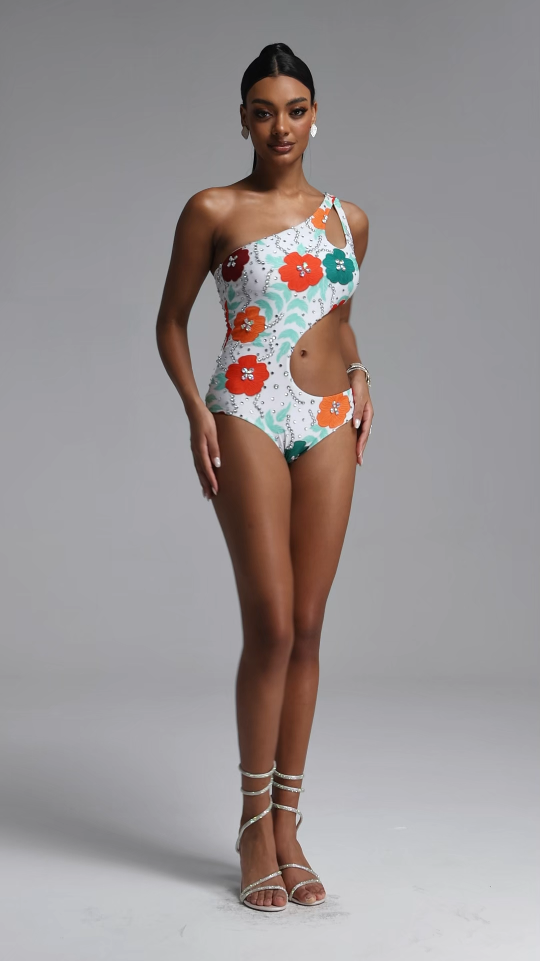 Jaxon Elegant Contour One Shoulder Cut Out Floral Rhinestone One Piece Swimsuit