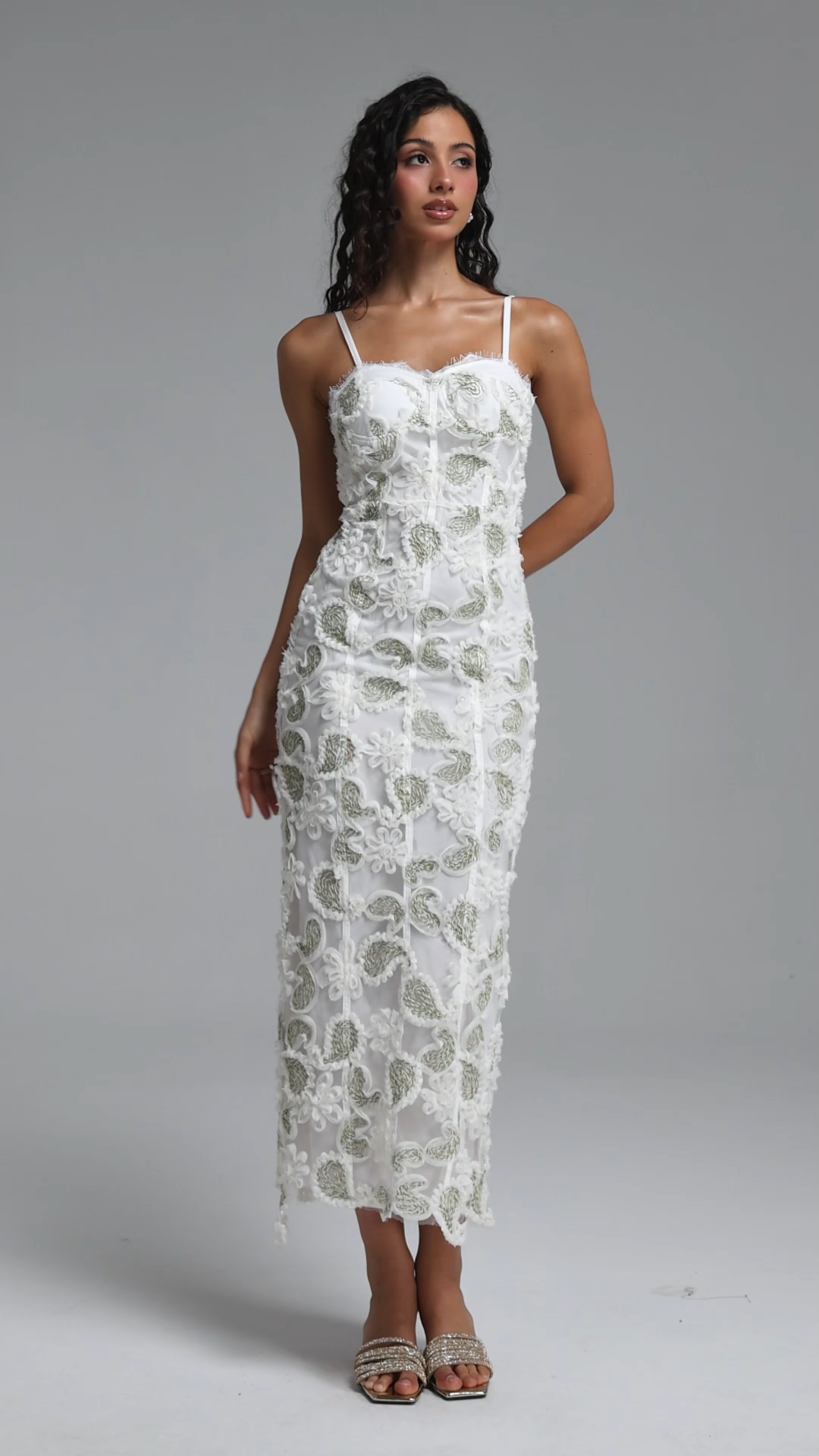 Rivka Exquisite Cinched-Waist Spaghetti Strap Paisley Embroidered Maxi Dress