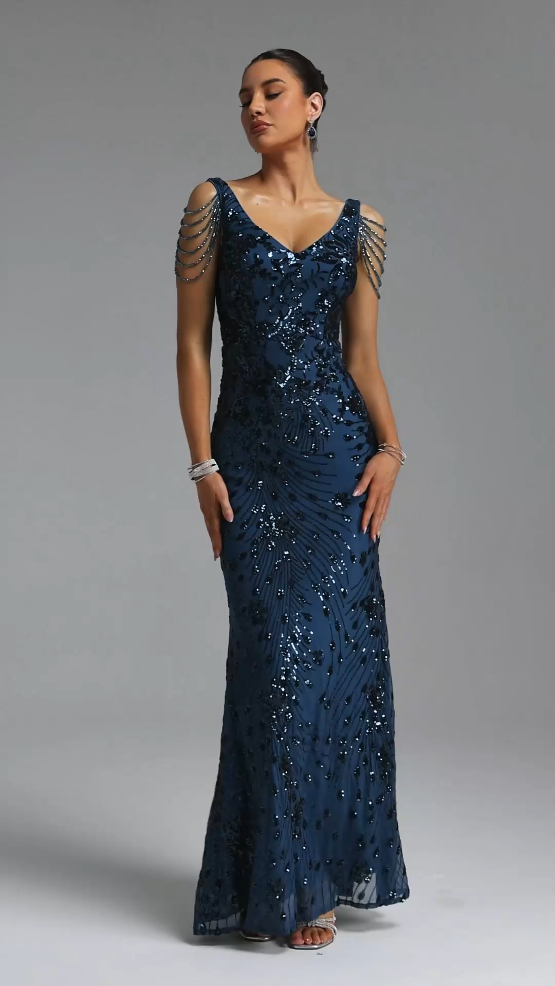 Gerianna Elegant Waist-Cinching Deep V Pearl Chain Tassel Floral Sequin Mesh Mermaid Maxi Evening Dress