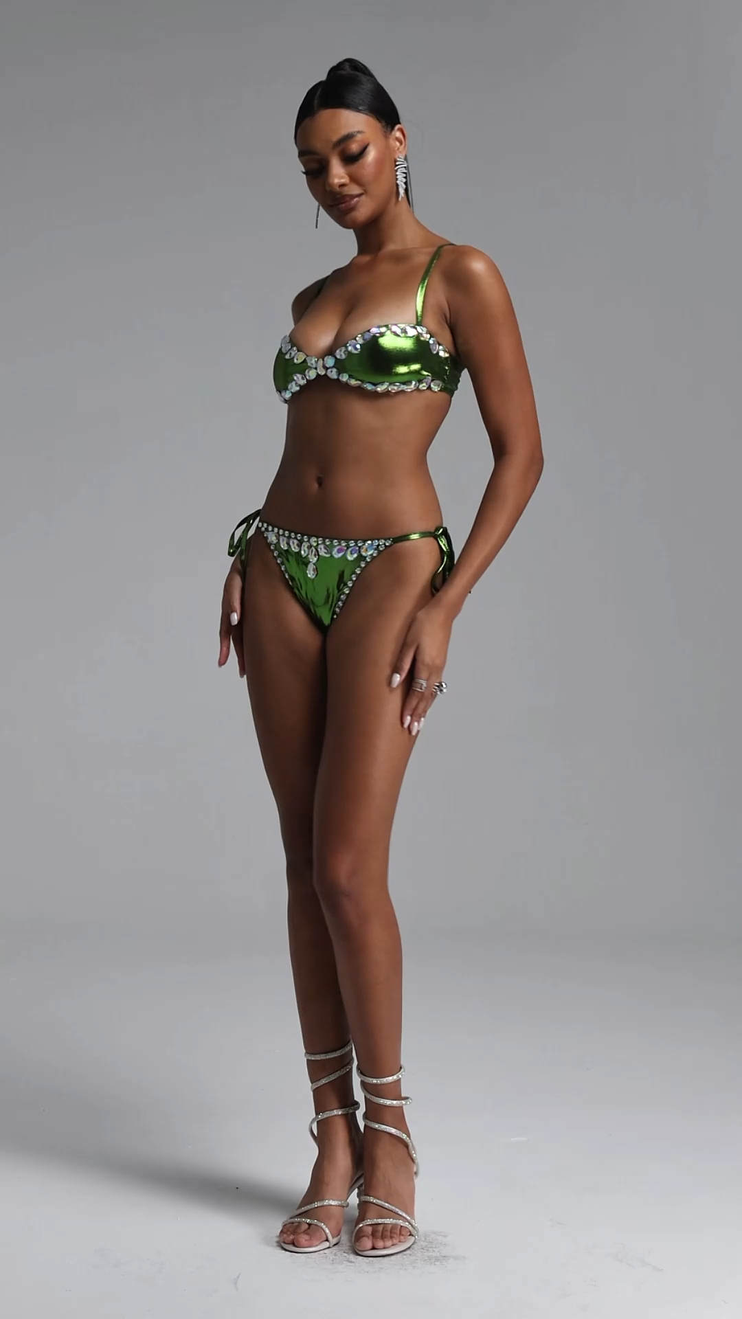 Kaliana Sexy Contour Strap Rhinestone Trim Satin Side Tie Bikini Set