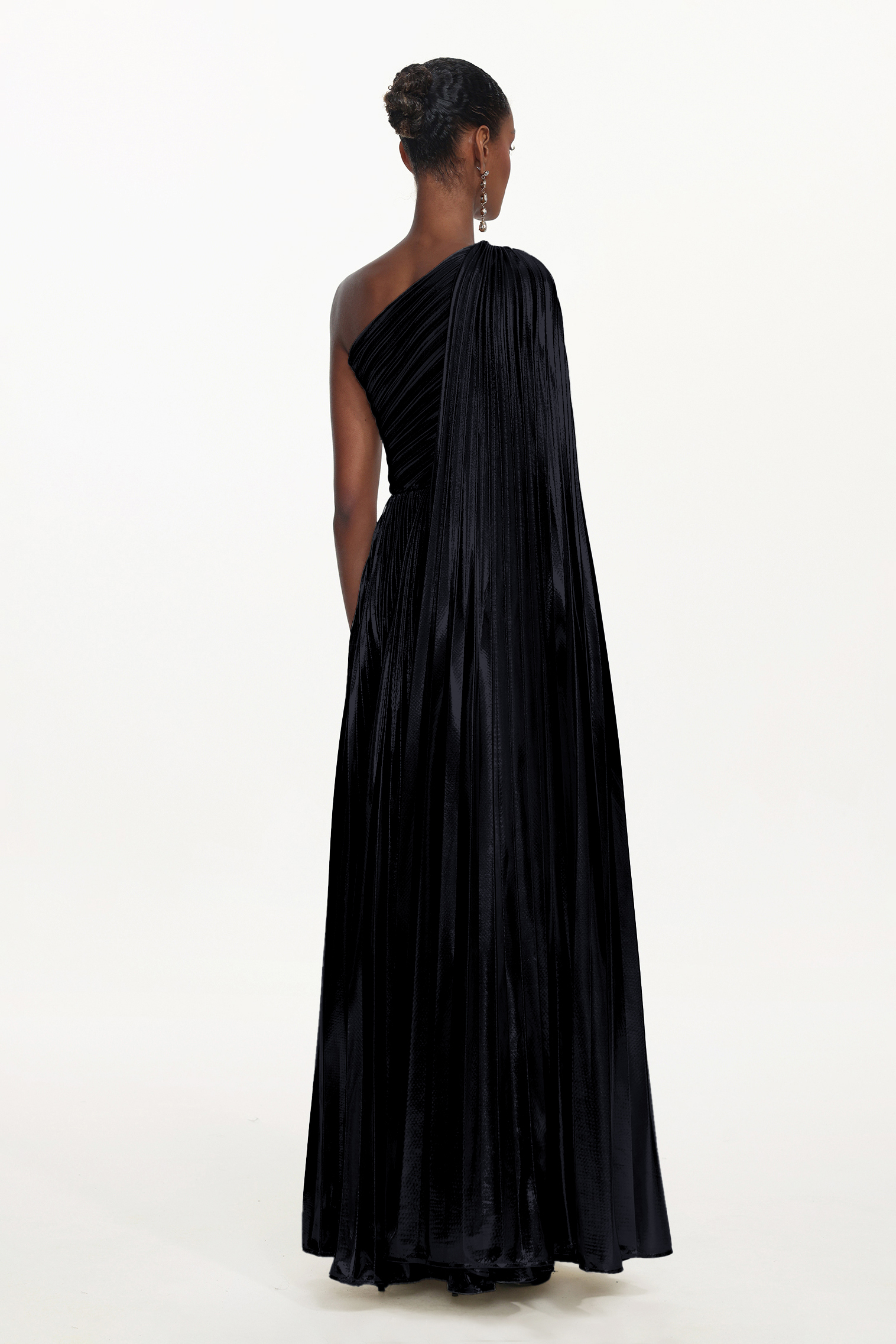 Leyla Glamorous Contour One Shoulder Drape Pleated Metallic Black Maxi Dress