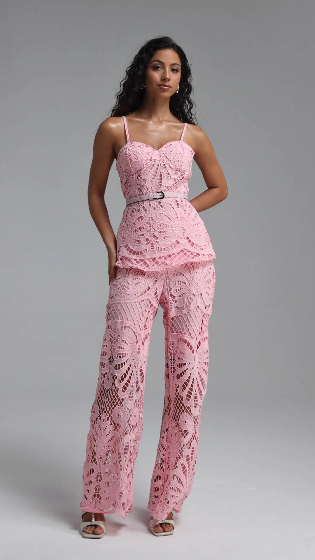 Kristie Chic Tailored Spaghetti Strap Lace Top And Pant Two Piece Set