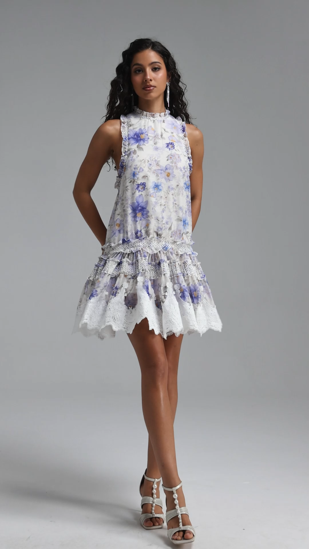 Didu Romantic Flowy Sleeveless Floral Print Lace Trimmed Woven Mini Dress