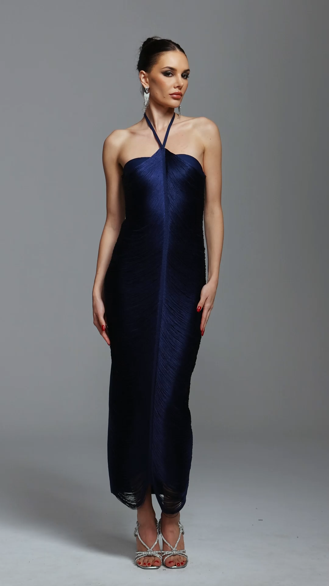 Jozie Classic Contour Halter Fringe Maxi Dress