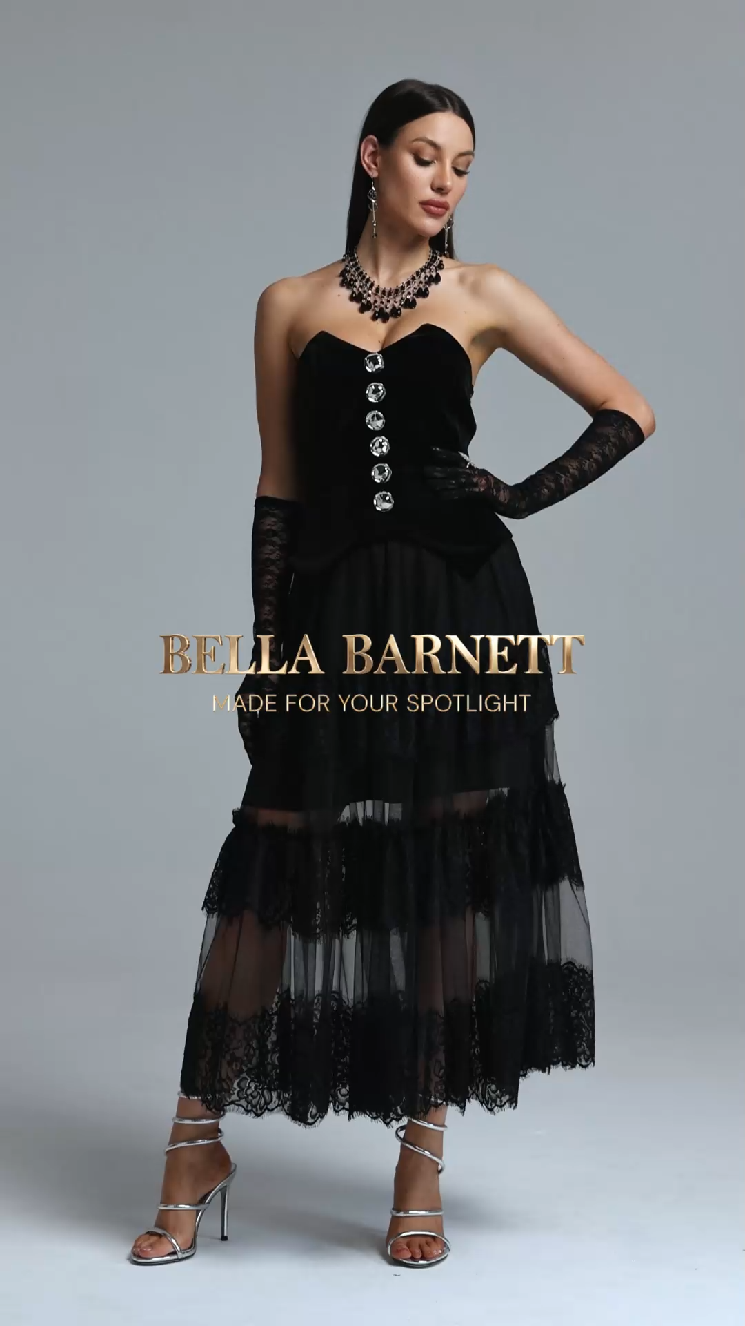 Omega Chic Contour Strapless Buttoned Lace Velvet Maxi Dress
