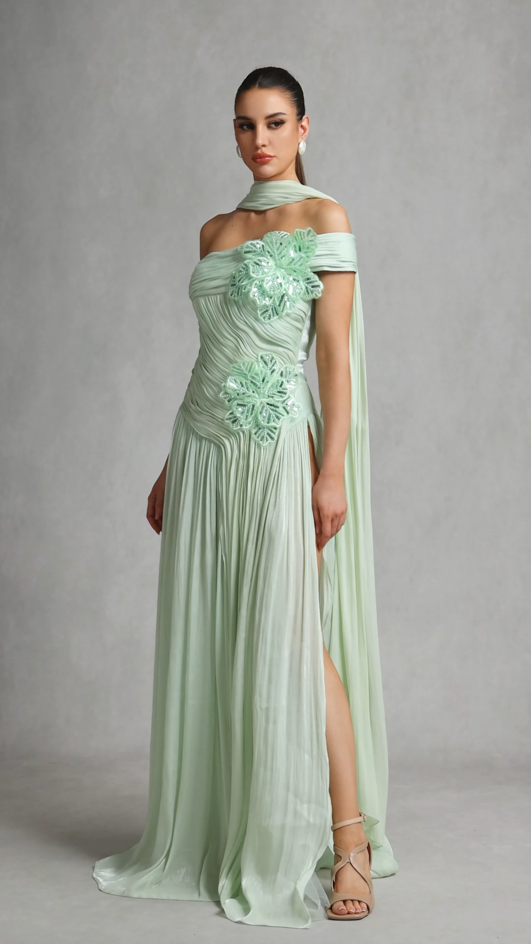 Mellies One Shoulder Floral Ruched High Slit Maxi Dress