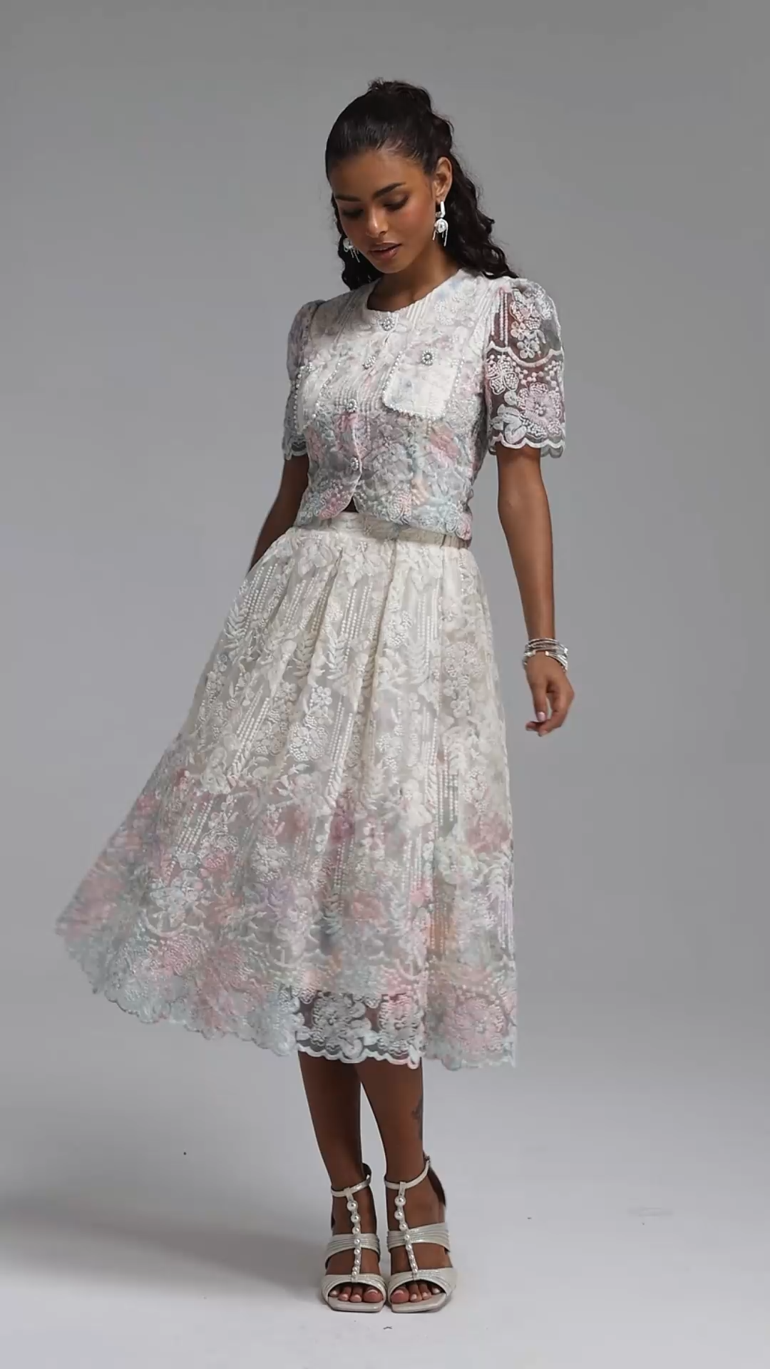 Rosmarie Romantic Flowy Short Sleeve Floral Print Woven Top and Skirt Two Piece Set