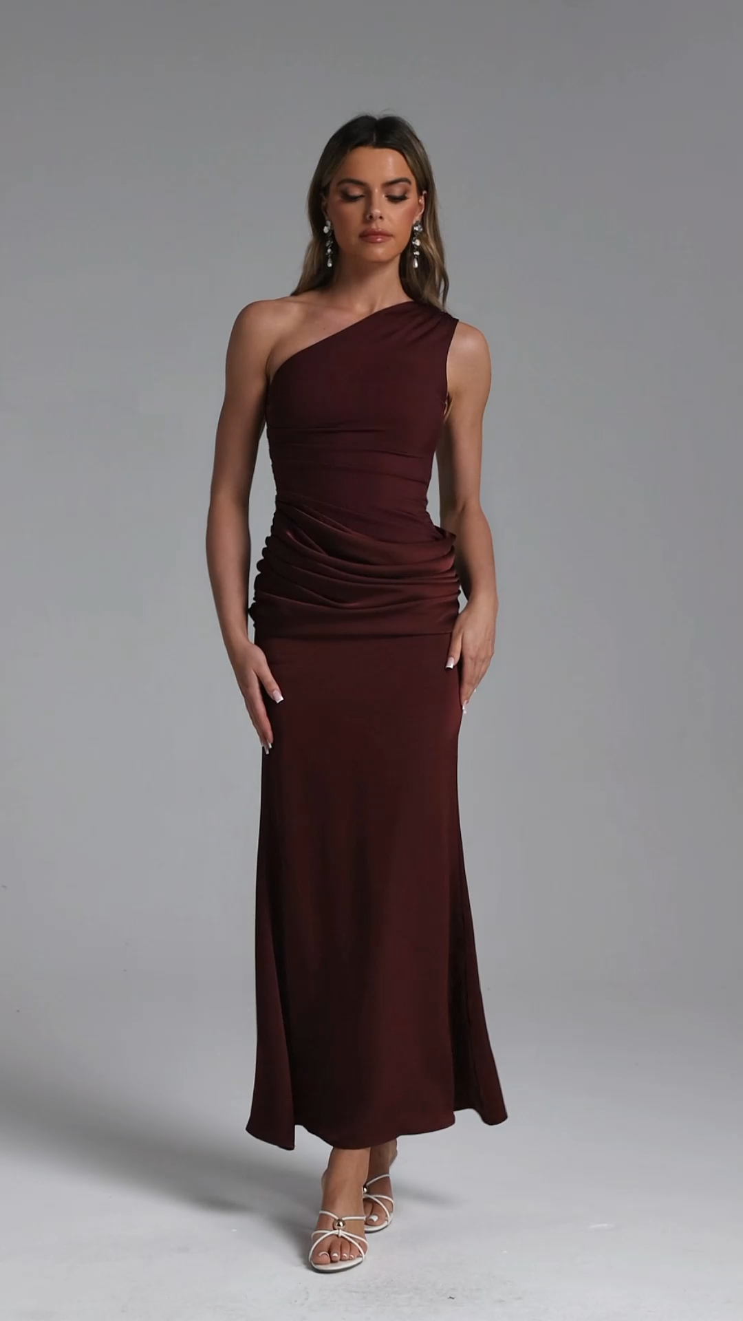 Suky Elegant Contour One Shoulder Pleated Satin Maxi Dress