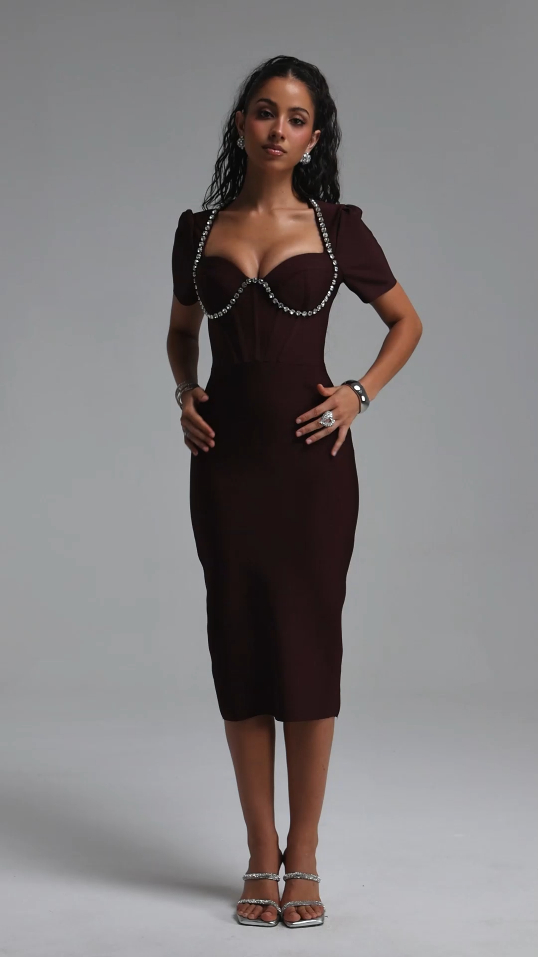 Jamie Elegant Contour Short Sleeve Rhinestone Bandage Midi Dress